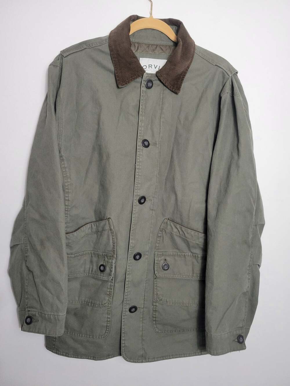 Orvis Mens Barn Chore Coat Jacket Size M Green Corduroy Collar Worn In Cotton